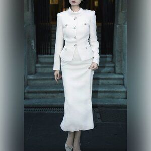 Self-Portrait Cream Boucle Tailored Midi Dress